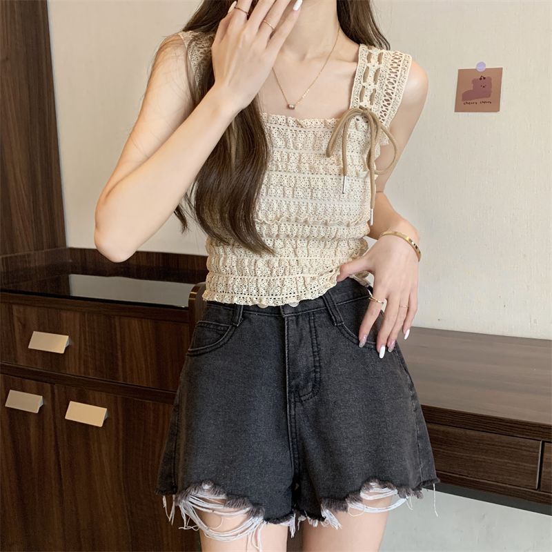 Jiashucheng Áo Hai Dây Dệt Kim Ngắn Ôm Dáng Không Tay Khoét Rỗng Buộc Dây Kiểu Pháp Thời Trang Mùa Hè Cho Nữ