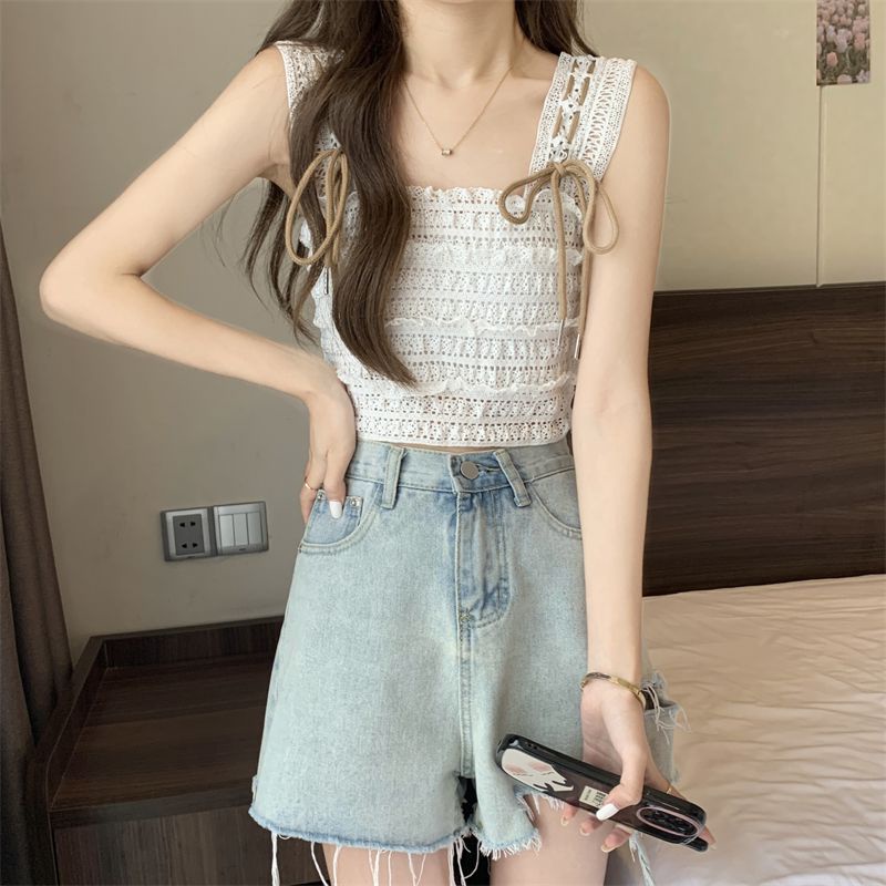 Jiashucheng Áo Hai Dây Dệt Kim Ngắn Ôm Dáng Không Tay Khoét Rỗng Buộc Dây Kiểu Pháp Thời Trang Mùa Hè Cho Nữ