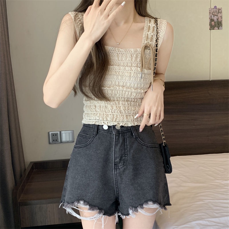 Jiashucheng Áo Hai Dây Dệt Kim Ngắn Ôm Dáng Không Tay Khoét Rỗng Buộc Dây Kiểu Pháp Thời Trang Mùa Hè Cho Nữ