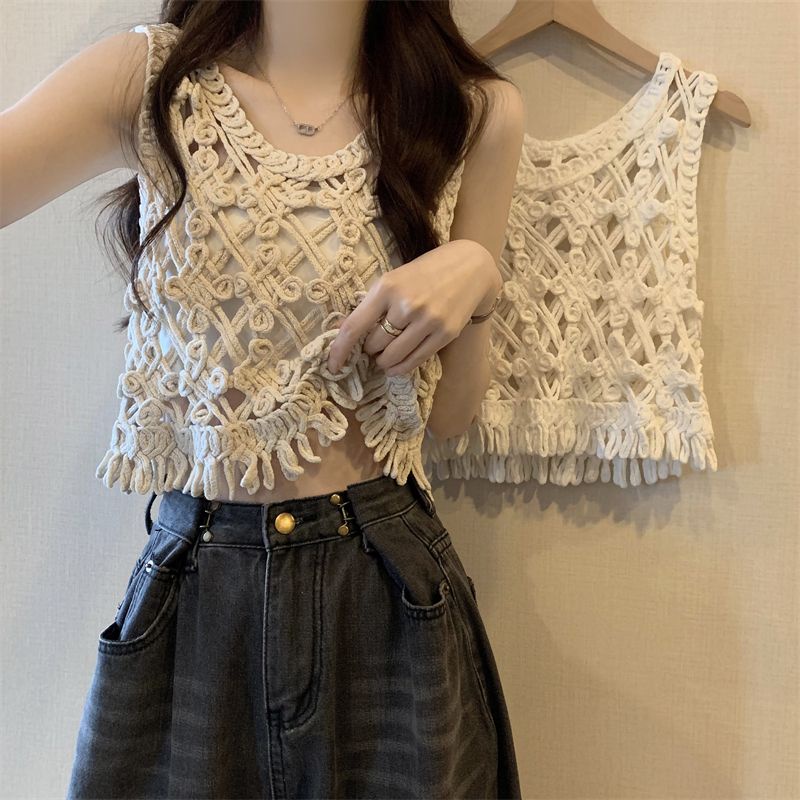 Jiashucheng Áo Dệt Kim Không Tay Dáng Ngắn Phong Cách Pháp Thời Trang Mùa Hè Cho Nữ