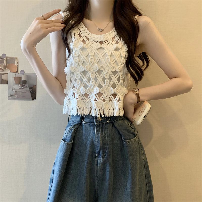 Jiashucheng Áo Dệt Kim Không Tay Dáng Ngắn Phong Cách Pháp Thời Trang Mùa Hè Cho Nữ