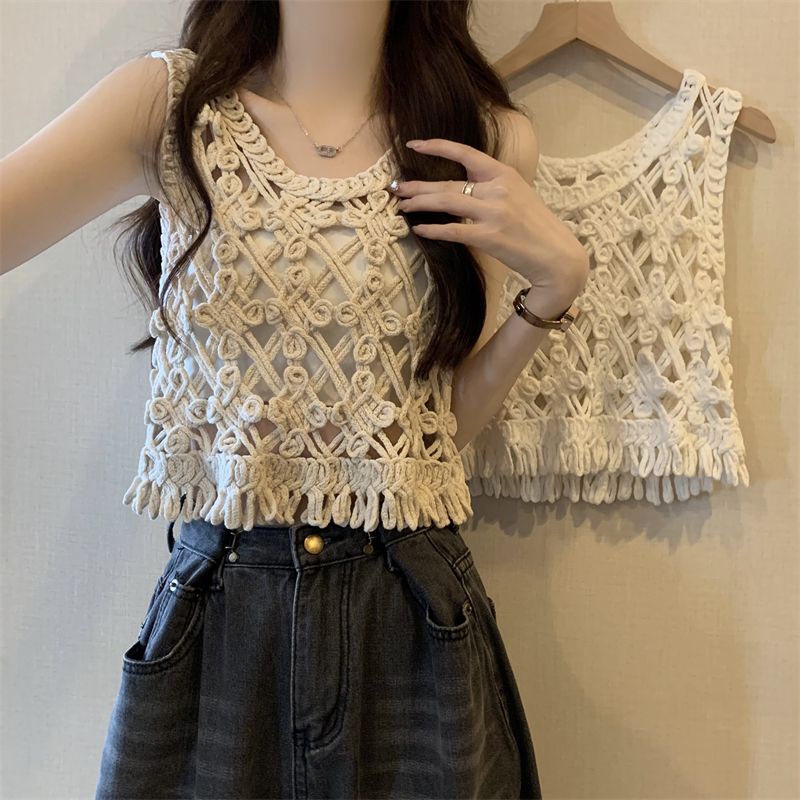 Jiashucheng Áo Dệt Kim Không Tay Dáng Ngắn Phong Cách Pháp Thời Trang Mùa Hè Cho Nữ
