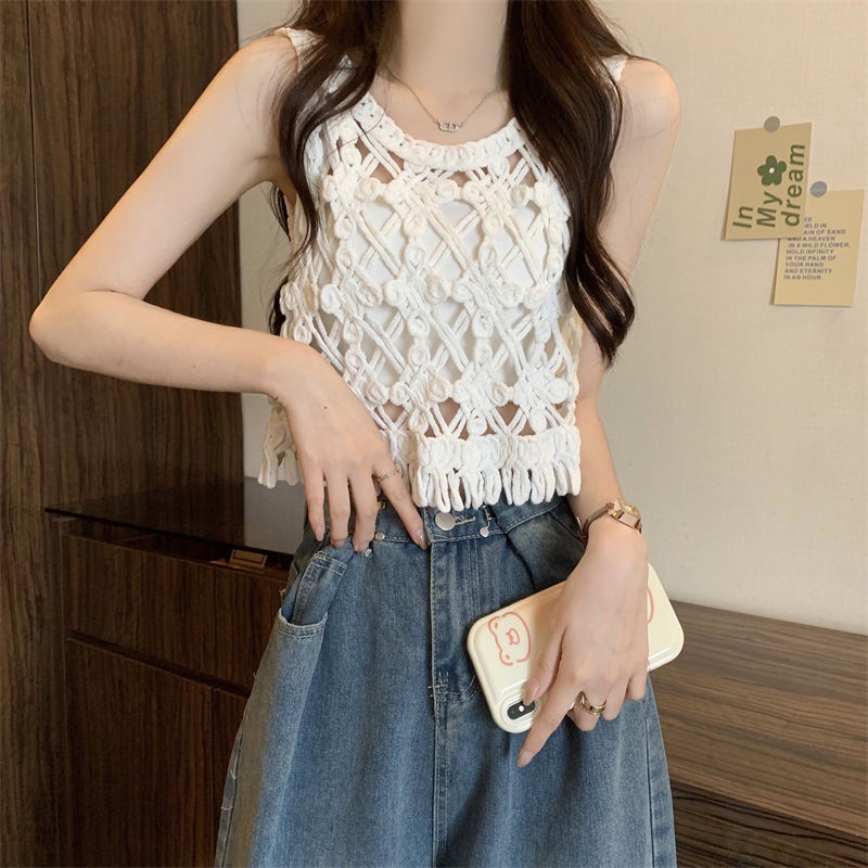 Jiashucheng Áo Dệt Kim Không Tay Dáng Ngắn Phong Cách Pháp Thời Trang Mùa Hè Cho Nữ