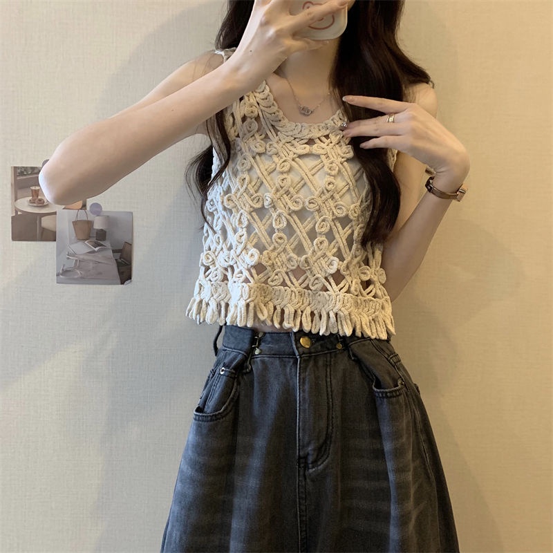 Jiashucheng Áo Dệt Kim Không Tay Dáng Ngắn Phong Cách Pháp Thời Trang Mùa Hè Cho Nữ