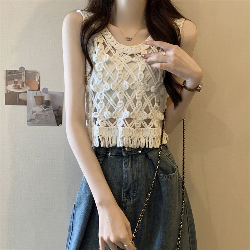 Jiashucheng Áo Dệt Kim Không Tay Dáng Ngắn Phong Cách Pháp Thời Trang Mùa Hè Cho Nữ