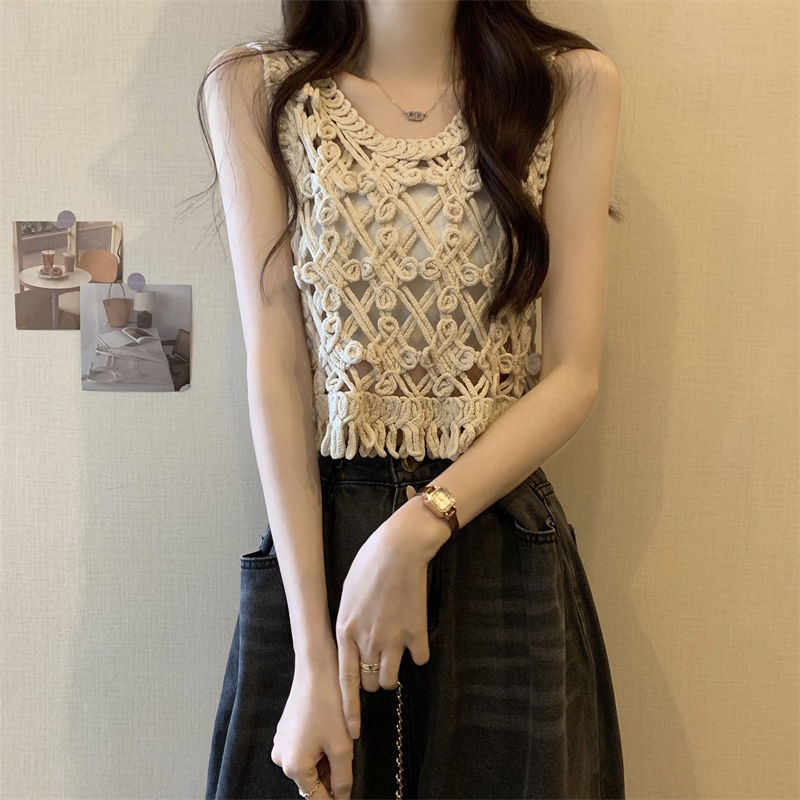 Jiashucheng Áo Dệt Kim Không Tay Dáng Ngắn Phong Cách Pháp Thời Trang Mùa Hè Cho Nữ