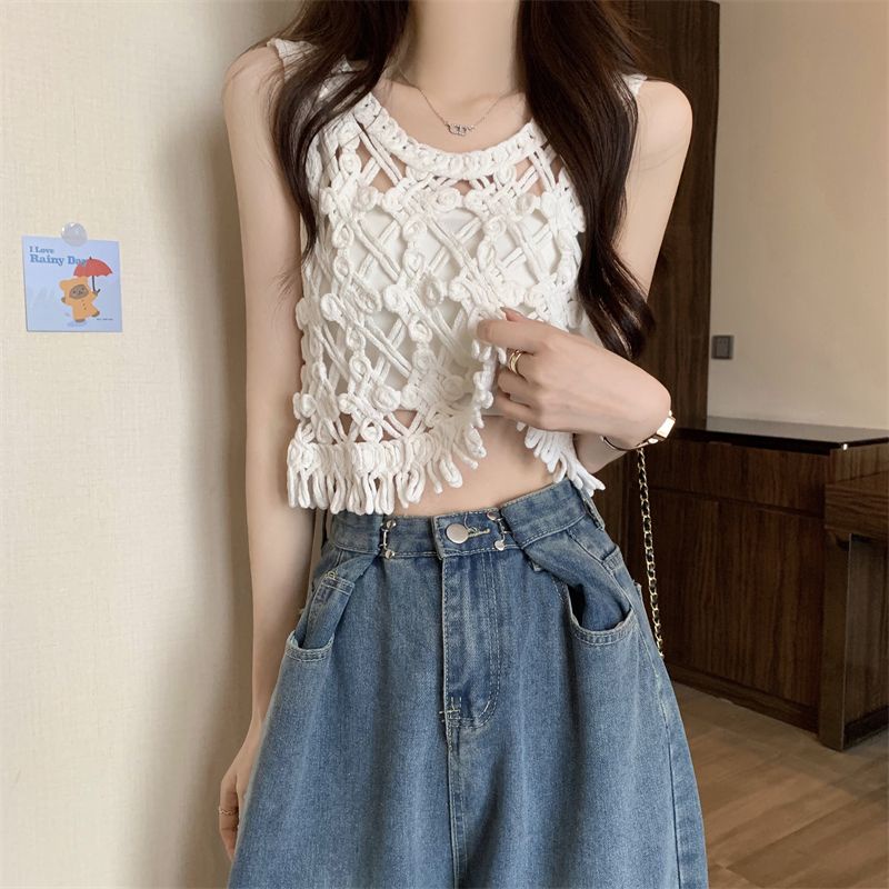 Jiashucheng Áo Dệt Kim Không Tay Dáng Ngắn Phong Cách Pháp Thời Trang Mùa Hè Cho Nữ