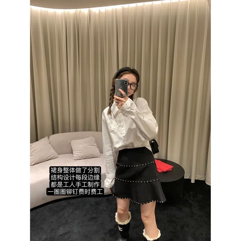 Bán Chạy Nhất Jiashucheng#Chân Váy Chữ a Lưng Cao Đính Đinh Tán Màu Đen Thời Trang Mùa Xuân Cho Nữ