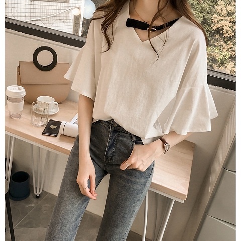Áo Thun Nữ Ngắn Tay Cổ Chữ V Màu Trơn Phong Cách Mới