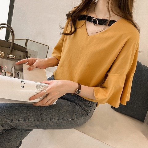 Áo Thun Nữ Ngắn Tay Cổ Chữ V Màu Trơn Phong Cách Mới