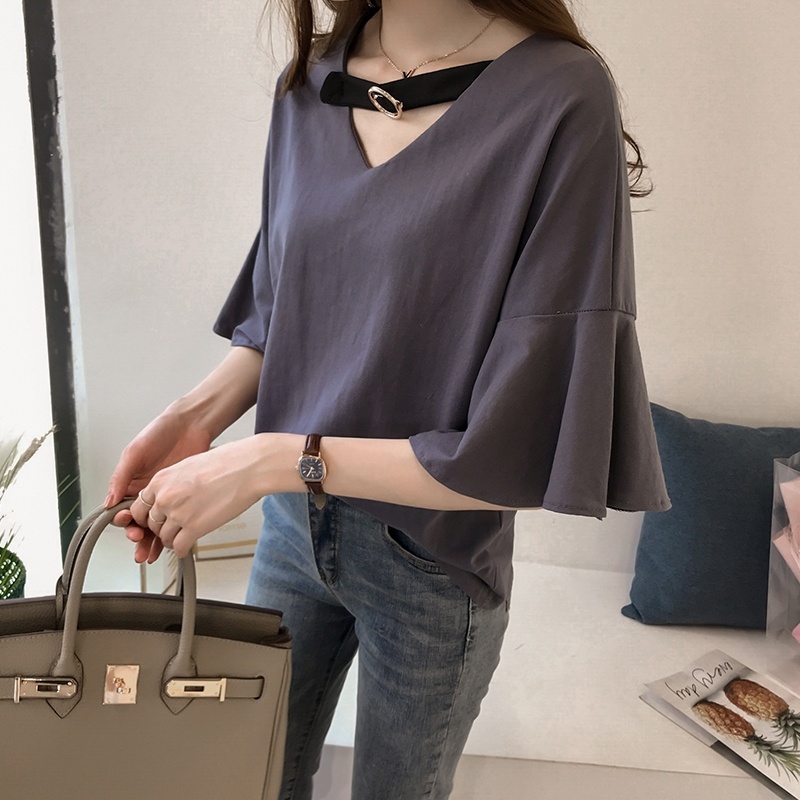 Áo Thun Nữ Ngắn Tay Cổ Chữ V Màu Trơn Phong Cách Mới