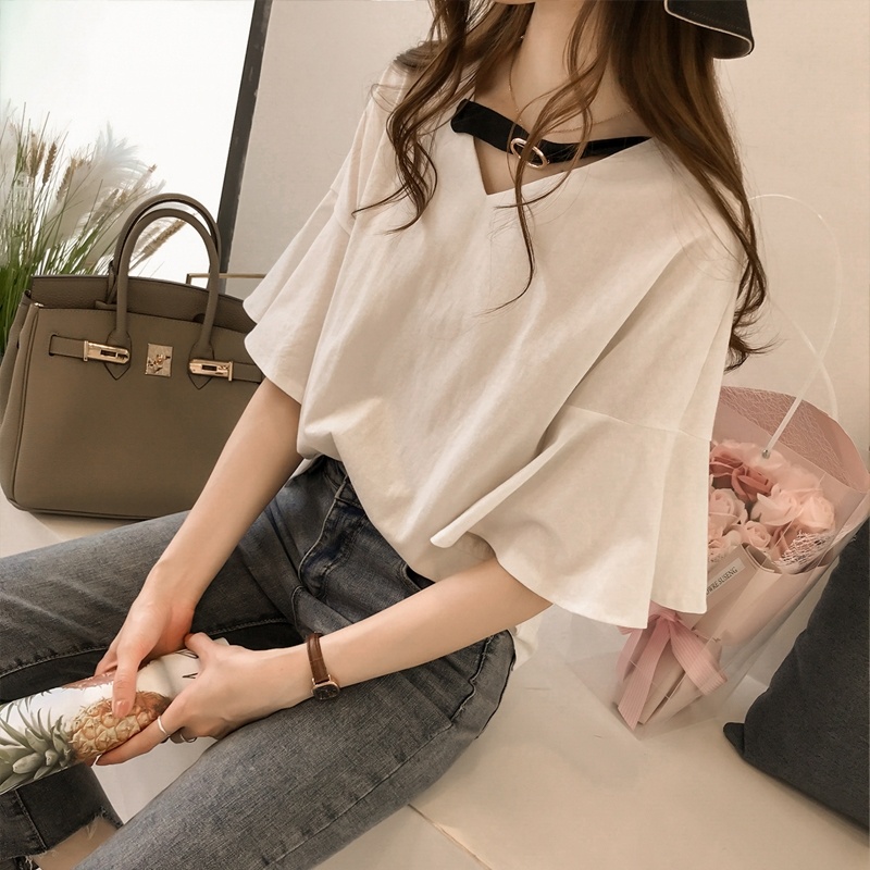 Áo Thun Nữ Ngắn Tay Cổ Chữ V Màu Trơn Phong Cách Mới
