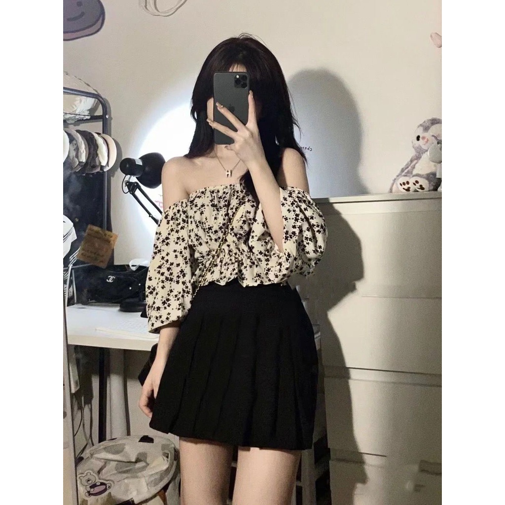 Jiashucheng Áo Sơ Mi Chiffon Phối Ren Tay Phồng Hở Vai Màu Trơn Phong Cách Niche Thiết Kế Mới Cho Nữ