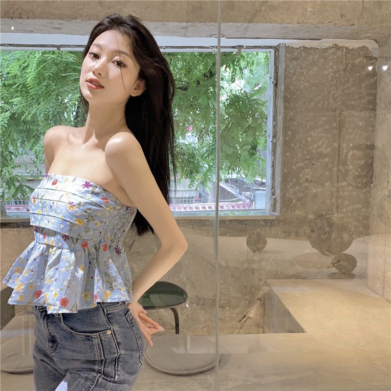 Jiashucheng Áo Ống Bằng Lông Tơ Tằm Màu Xanh Dương Cao Cấp Thiết Kế Hình Hoa Ngọt Ngào Thời Trang Mùa Hè Mặ