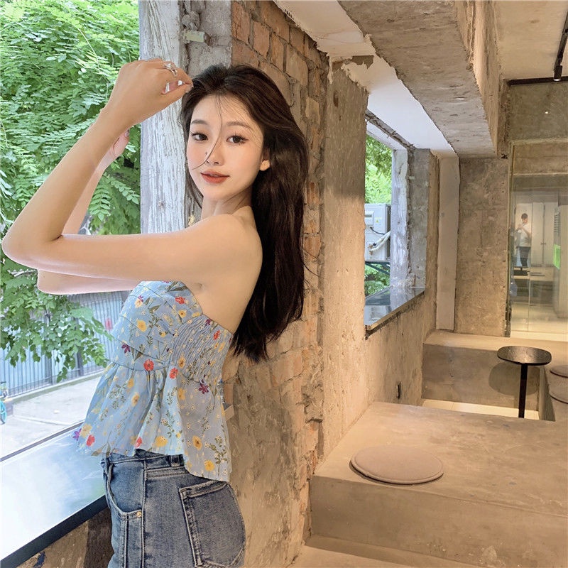 Jiashucheng Áo Ống Bằng Lông Tơ Tằm Màu Xanh Dương Cao Cấp Thiết Kế Hình Hoa Ngọt Ngào Thời Trang Mùa Hè Mặ