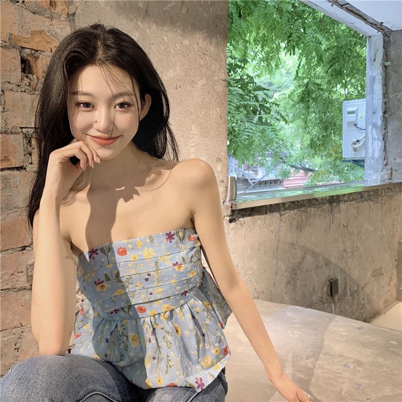 Jiashucheng Áo Ống Bằng Lông Tơ Tằm Màu Xanh Dương Cao Cấp Thiết Kế Hình Hoa Ngọt Ngào Thời Trang Mùa Hè Mặ