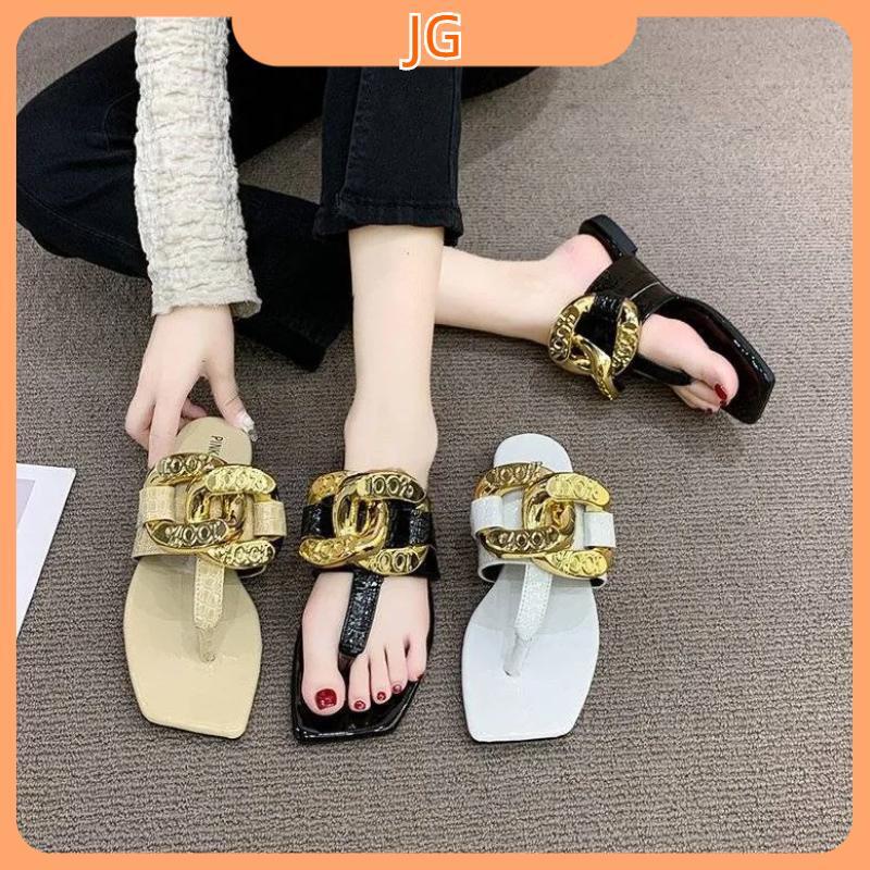 【Hot】 Mùa hè mới Giày sandal cỡ lớn khóa kim loại Dép xỏ ngón phong cách Âu Mỹ Thời trang phù hợp cho nữ Dép xỏ ngón