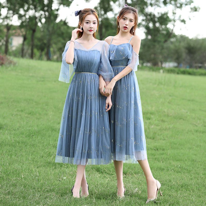 [Aishang Đẹp Phụ Kiện] Đầm Phù Dâu Dáng Ôm Dài Vừa Phải Màu Xám Đính Kim Sa Sang Trọng Cho Tiệc Cưới Nhó