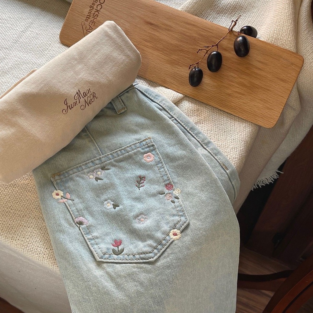 Chân Váy Denim Chữ a Lưng Cao In Họa Tiết Hoa Màu Sáng Phong Cách Nhật Bản Thời Trang Mùa Hè Cho Nữ