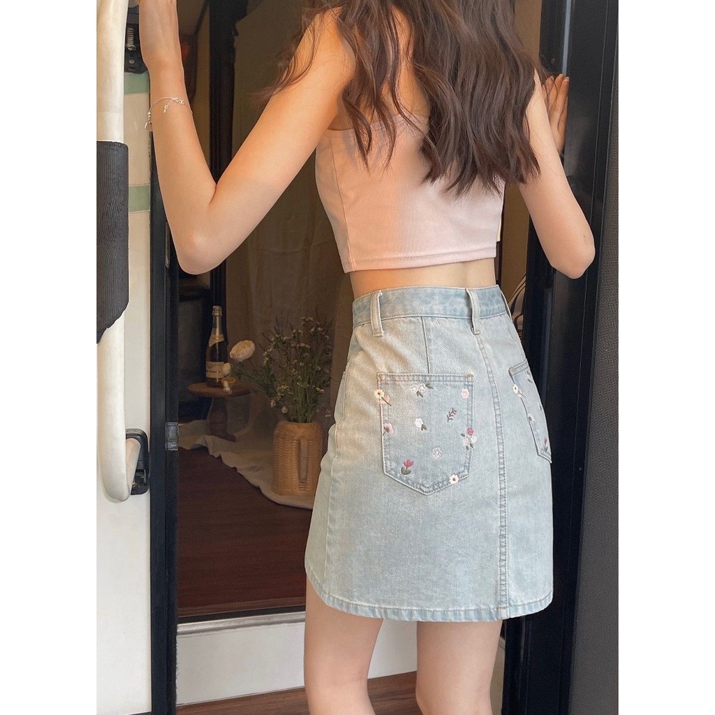 Chân Váy Denim Chữ a Lưng Cao In Họa Tiết Hoa Màu Sáng Phong Cách Nhật Bản Thời Trang Mùa Hè Cho Nữ