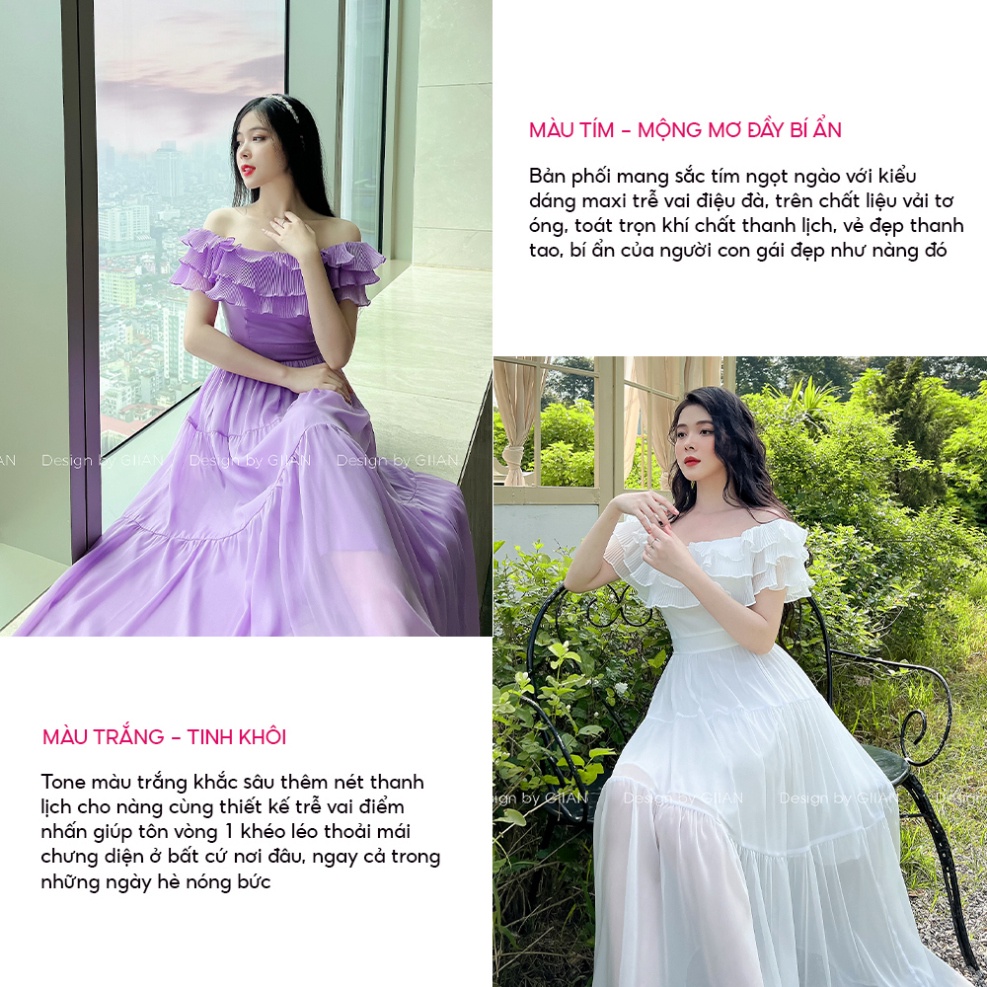 Váy đi biển dáng cao trễ vai xây đắp phối bèo dập li, đầm maxi hở lưng xếp tầng xịn GIIAN - GV2516