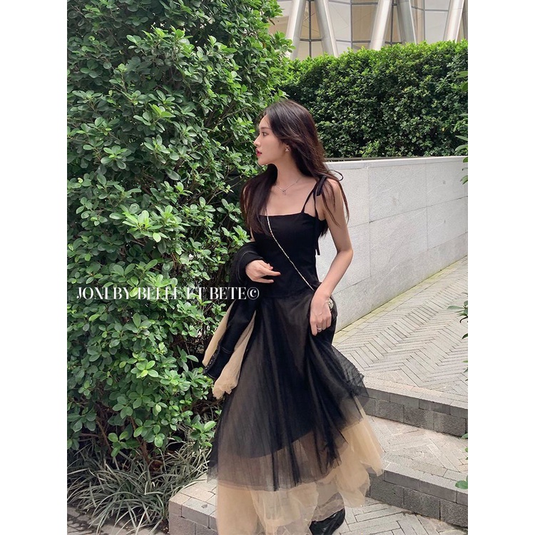 Đầm Hai Dây Dáng Dài Phối Màu Sắc Tương Phản Phong Cách Pháp Thời Trang Quyến Rũ Cho Nữ