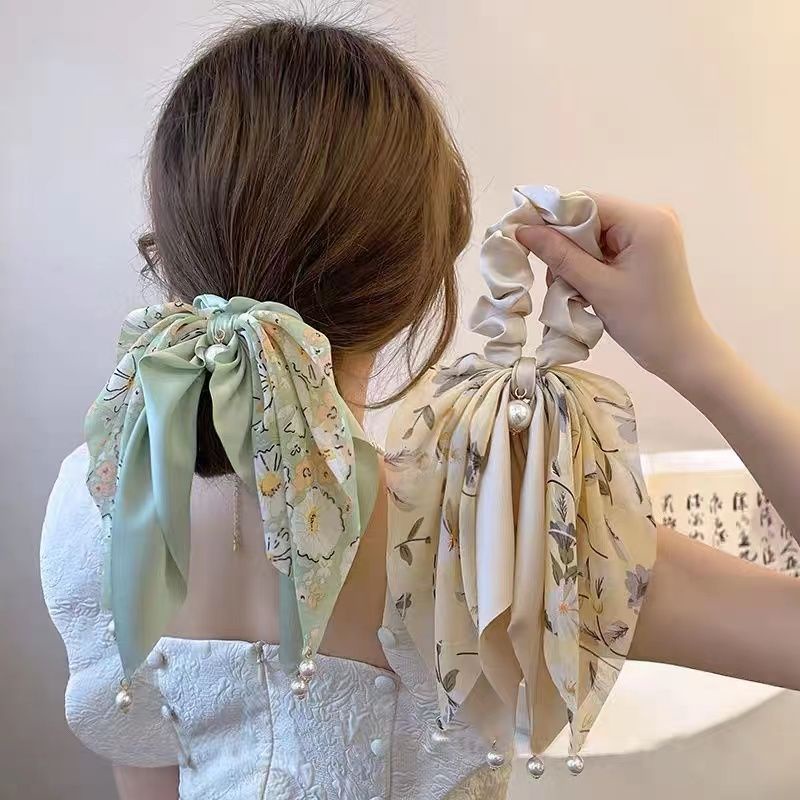 Dây Buộc Tóc Nơ Bằng Da Đính Ngọc Trai Thời Trang Mùa Hè Xinh Xắn Cho Nữ