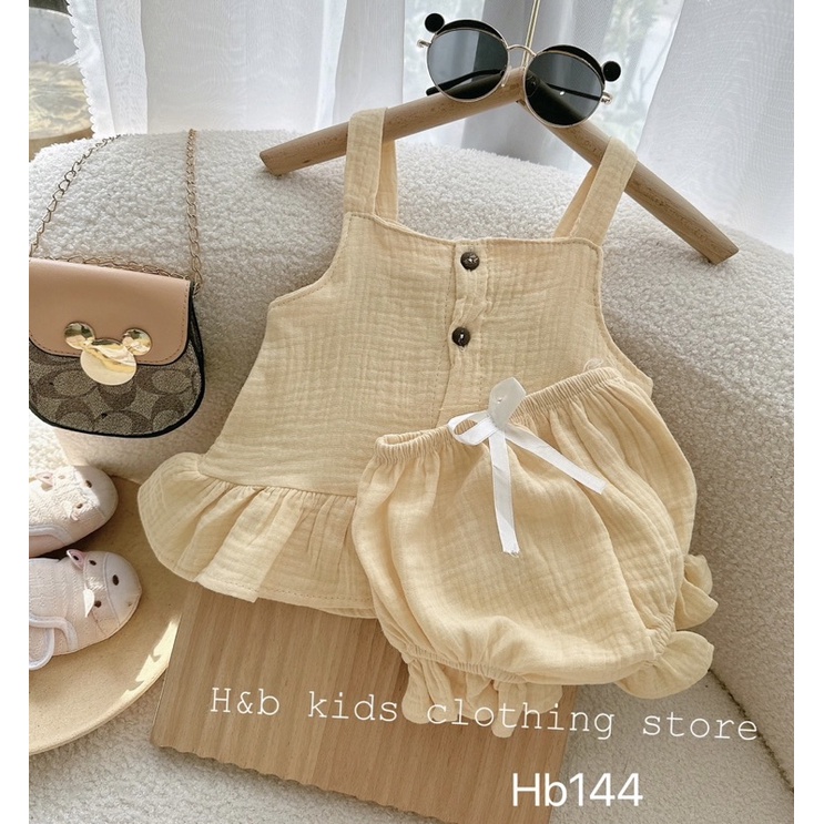 Bộ xô muslin 2 dây cúc ngực cực xinh cho bé gái