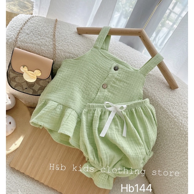 Bộ xô muslin 2 dây cúc ngực cực xinh cho bé gái