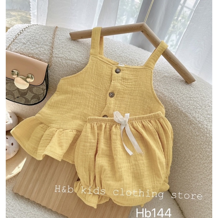 Bộ xô muslin 2 dây cúc ngực cực xinh cho bé gái