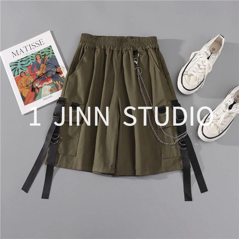 Quần short Quần Yếm Ngắn Dáng Rộng Lưng Cao Màu Đen Phong Cách Hip Hop Thời Trang Mùa Hè Cho Nữ