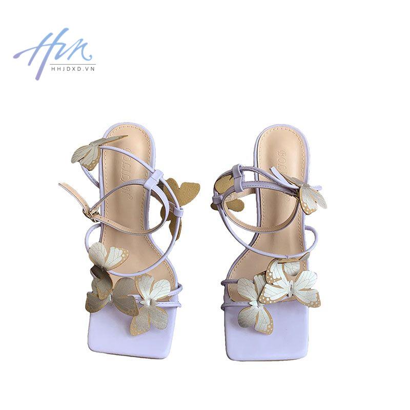Sandal Cao Gót Một Mảnh Mũi Vuông Đính Nơ Thời Trang Mùa Hè 2023