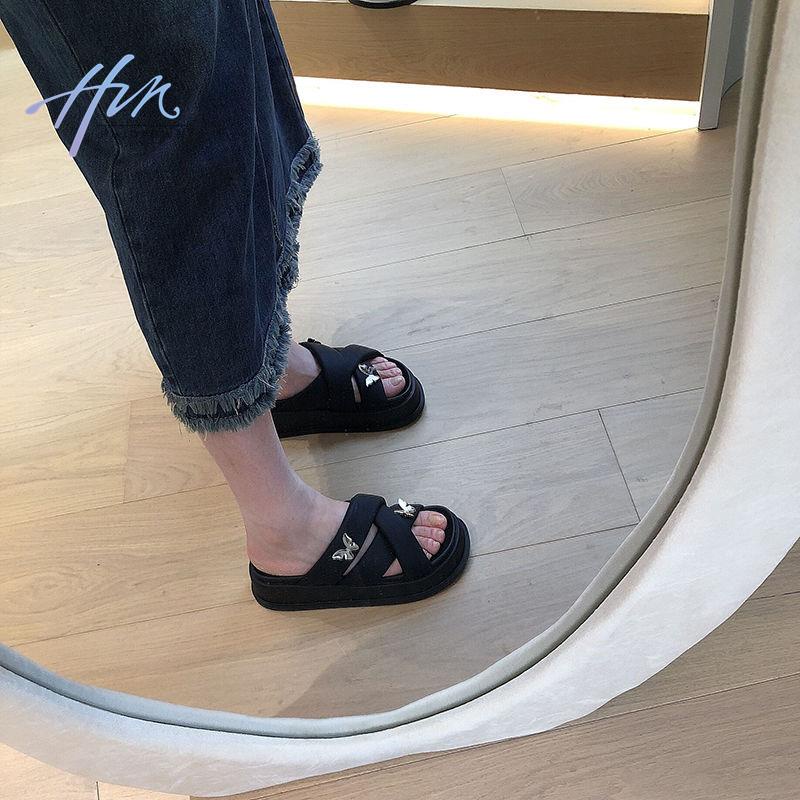 Giày Sandal Đế Dày Quai Chéo Đính Bướm Kim Loại Thời Trang Mùa Hè 2023