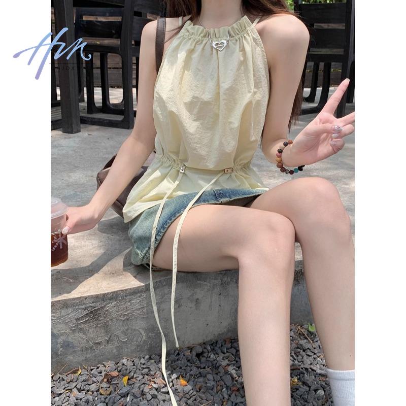 Kumikumi Niche Áo Sát Nách Dáng Rộng Cổ Yếm Xếp Ly Phối Dây Rút Thời Trang Mùa Hè Cho Nữ