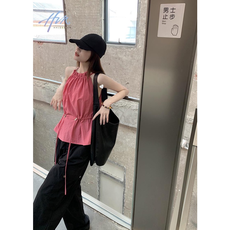 Kumikumi Niche Áo Sát Nách Dáng Rộng Cổ Yếm Xếp Ly Phối Dây Rút Thời Trang Mùa Hè Cho Nữ