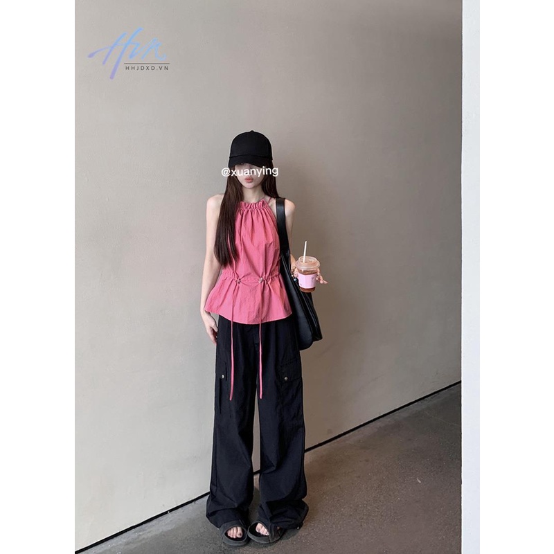 Kumikumi Niche Áo Sát Nách Dáng Rộng Cổ Yếm Xếp Ly Phối Dây Rút Thời Trang Mùa Hè Cho Nữ