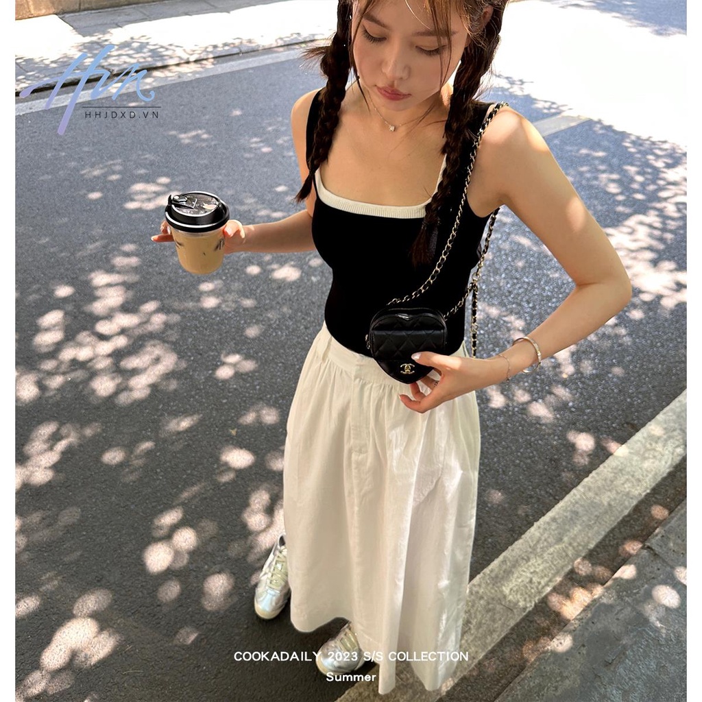 Áo Dệt Kim Hai Dây Dáng Ôm Ngắn Hở Vai Màu Sắc Tương Phản Thời Trang Cho Nữ