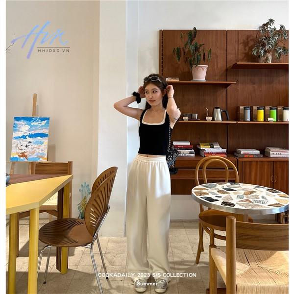 Áo Dệt Kim Hai Dây Dáng Ôm Ngắn Hở Vai Màu Sắc Tương Phản Thời Trang Cho Nữ