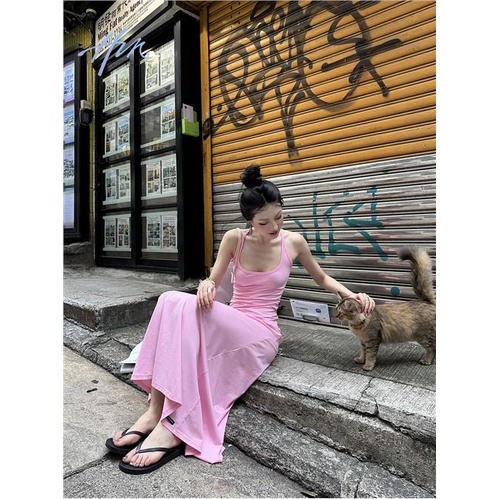 Đầm Dài Dáng Ôm Cổ Chữ U Màu Hồng Thời Trang Mùa Hè Hàng Mới Dành Cho Bạn Nữ
