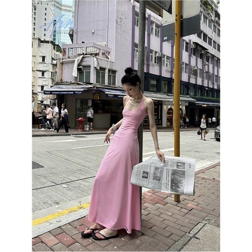 Đầm Dài Dáng Ôm Cổ Chữ U Màu Hồng Thời Trang Mùa Hè Hàng Mới Dành Cho Bạn Nữ