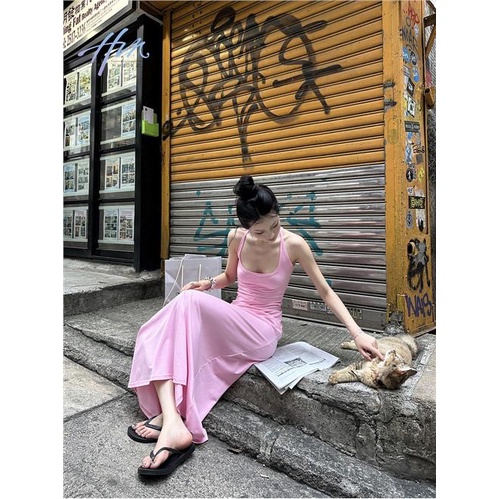 Đầm Dài Dáng Ôm Cổ Chữ U Màu Hồng Thời Trang Mùa Hè Hàng Mới Dành Cho Bạn Nữ