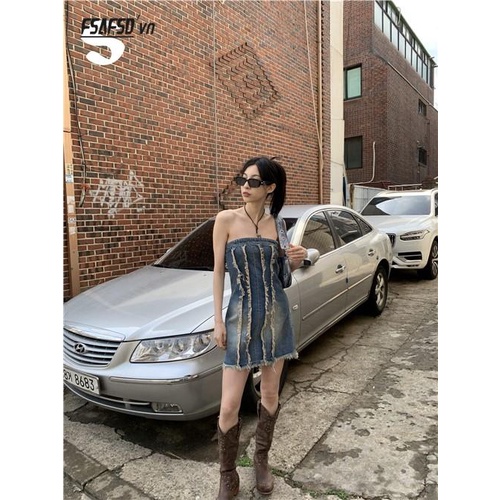 Đầm Denim Ngắn Ôm Dáng Thiết Kế Đường Phố Cổ Điển Ngọt Ngào