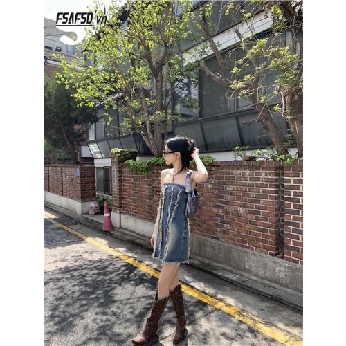 Đầm Denim Ngắn Ôm Dáng Thiết Kế Đường Phố Cổ Điển Ngọt Ngào