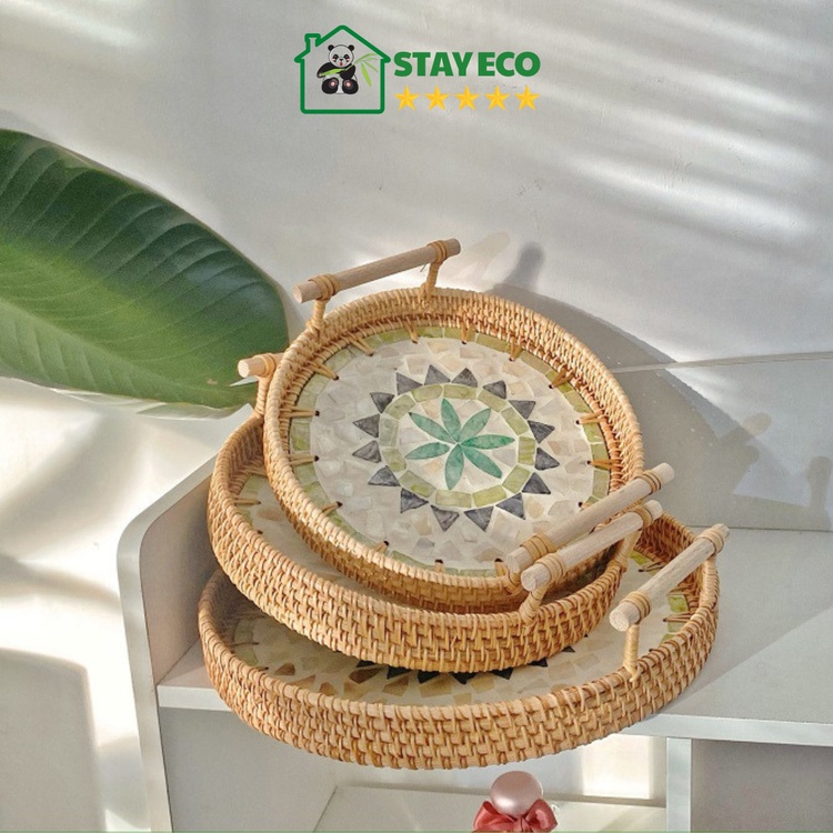 Khay mây tre đan khảm trai STAY ECO đựng ấm chén, đồ ăn, trang trí chụp ảnh, nhiều mẫu mã hình dáng decor