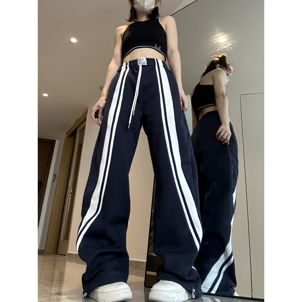 Quần Dài Ống Rộng Họa Tiết Kẻ Sọc Phong Cách Hip Hop Mỹ Thời Trang Xuân Thu Mới Cho Nữ