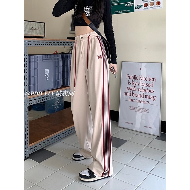 Quần Dài Ống Rộng Lưng Cao Họa Tiết Kẻ Sọc Phối Dây Rút Phong Cách Retro Mỹ Thời Trang Thu Đông Hàng Mới Dành Cho Bạn Nữ