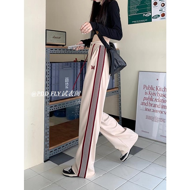 Quần Dài Ống Rộng Lưng Cao Họa Tiết Kẻ Sọc Phối Dây Rút Phong Cách Retro Mỹ Thời Trang Thu Đông Hàng Mới Dành Cho Bạn Nữ