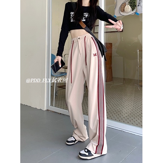 Quần Dài Ống Rộng Lưng Cao Họa Tiết Kẻ Sọc Phối Dây Rút Phong Cách Retro Mỹ Thời Trang Thu Đông Hàng Mới Dành Cho Bạn Nữ