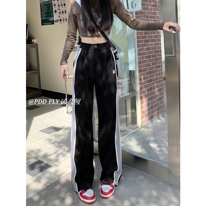 Quần Dài Ống Rộng Lưng Cao Họa Tiết Kẻ Sọc Phối Dây Rút Phong Cách Retro Mỹ Thời Trang Thu Đông Hàng Mới Dành Cho Bạn Nữ