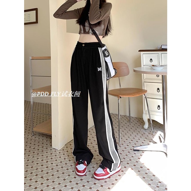 Quần Dài Ống Rộng Lưng Cao Họa Tiết Kẻ Sọc Phối Dây Rút Phong Cách Retro Mỹ Thời Trang Thu Đông Hàng Mới Dành Cho Bạn Nữ